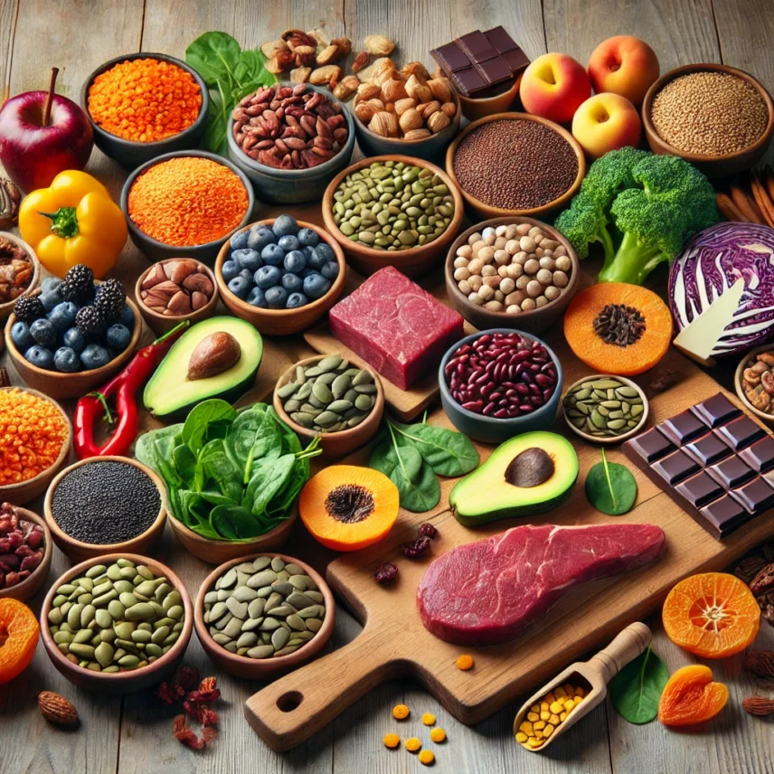 Dall·e 2024 10 21 01.08.15 a selection of foods rich in iron displayed on a wooden table. the variety includes dark leafy greens like spinach and kale, legumes such as lentils a