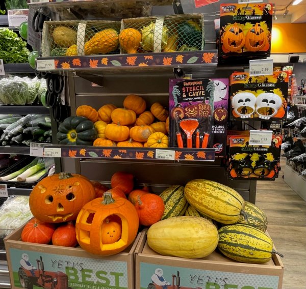 Carved pumpkins on display at a local store, celebrating Halloween Halloween 24