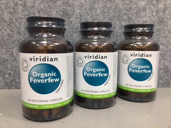 Organic feverfew supplement in capsules form Feverfew