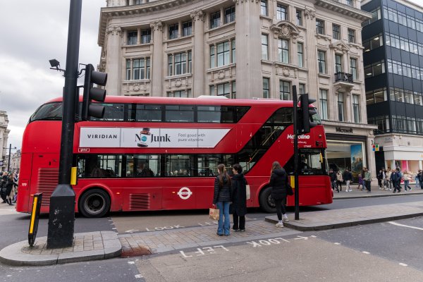 Viridian adverts circulate around London on buses No Junk Viridian Bus