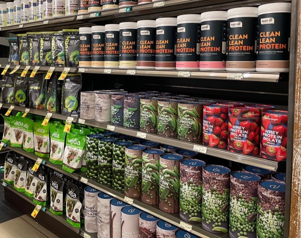 Some vegan and non-vegan proteins in a health store Protein