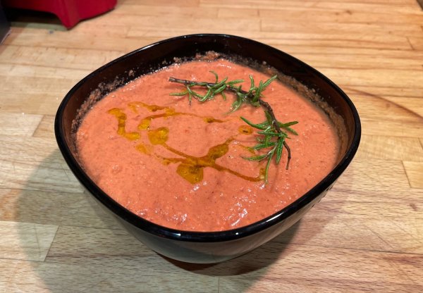 Homemade salmorejo which is a traditional Spanish cold tomato soup with garlic, olive oil, salt and bread Salmorejo
