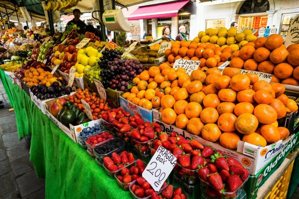Fruit and vegetables display in a street market Fruit and vegetables in a market