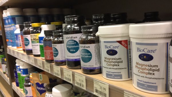 Different supplements brands of magnesium in a health store