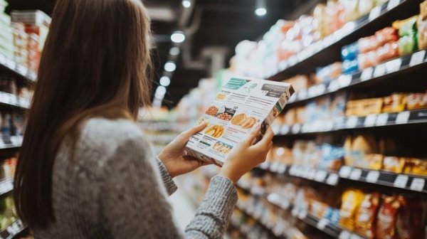 Customer checks product packaging for details in the supermarket